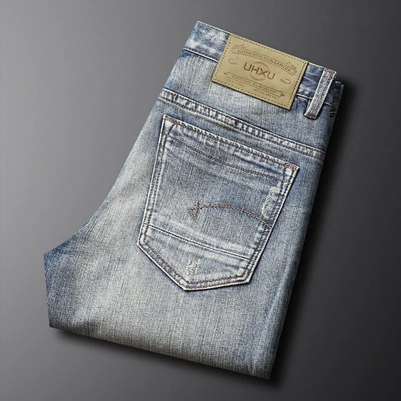 Fashion Designer Men Jeans Retro Washed Blue Elastic Slim Fit Ripped Jeans Men High Quality Trousers Vintage Denim Pants Hombre