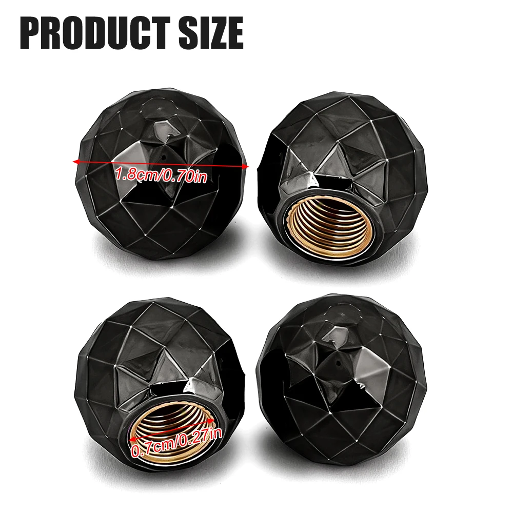 Diamond Ball Tire Valve Caps - Set of 4, Premium Black Dust Covers