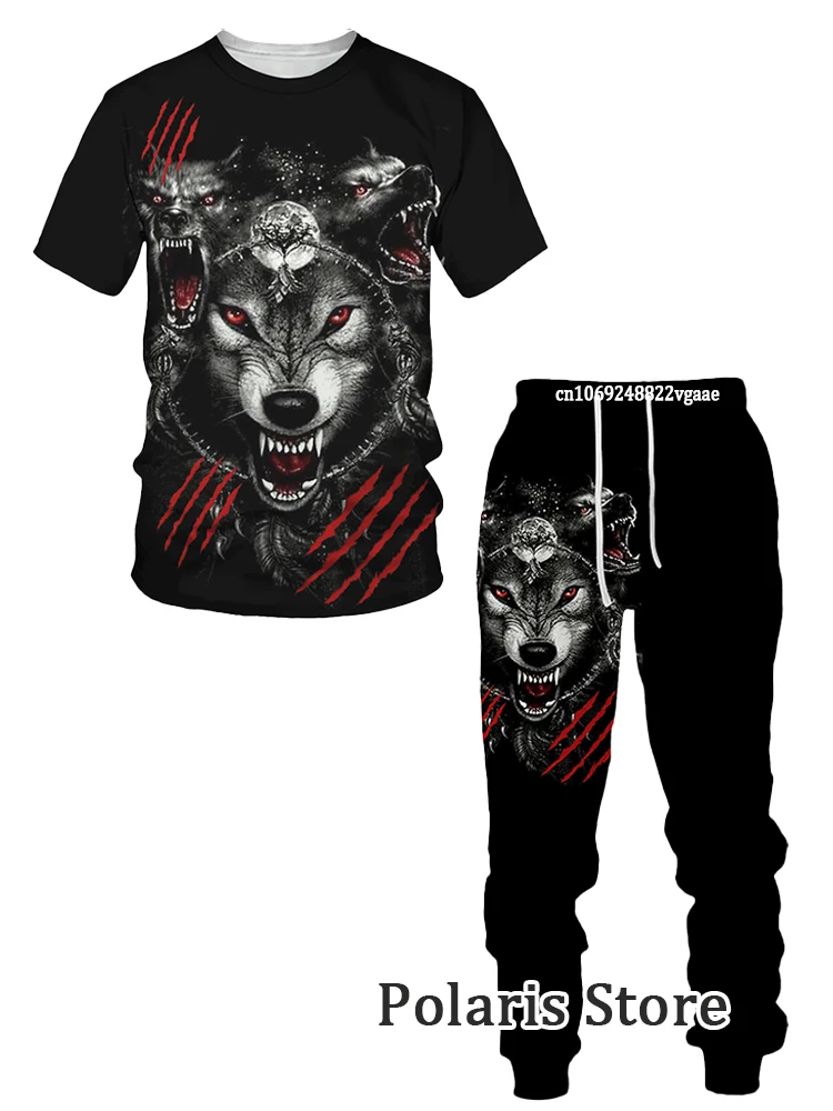 Wolf Tracksuit Summer Men 3D Printed Wolf T Shirt Set Pants 2 Piece Outfits Sports Suit