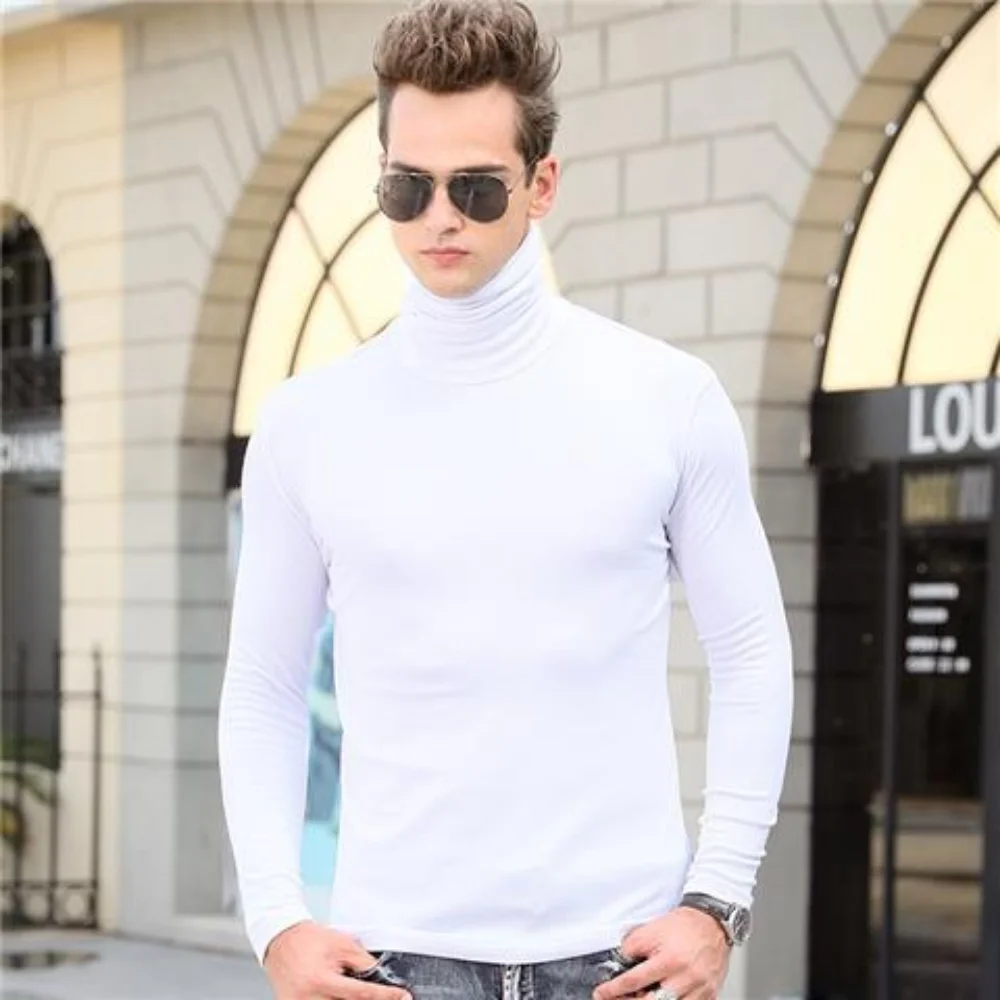 Men Long Sleeve T Shirt High Neck Smooth Turtleneck Undershirt