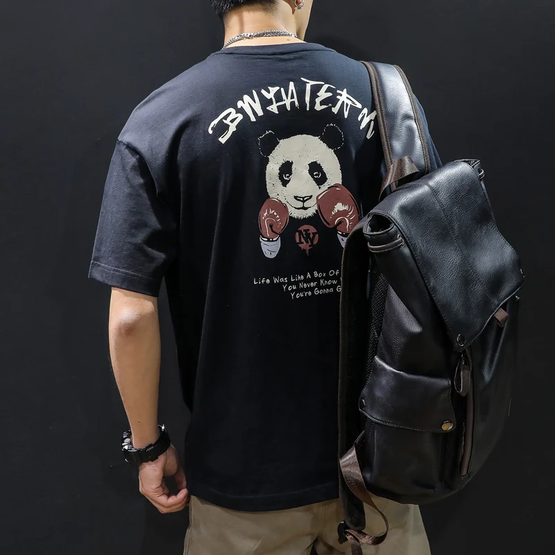 

Short Sleeve T-shirt Men's Summer Pure Cotton Loose Fashion Cartoon Animal Panda Printing All-Match Half Sleeve Large Size Top