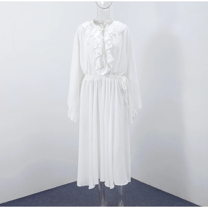 Elegant White Ruffle Maxi Dress For Women Summer Puff Sleeve Drawstring Tassel Pleated Beach Long Dress Lady Holiday Party Robes