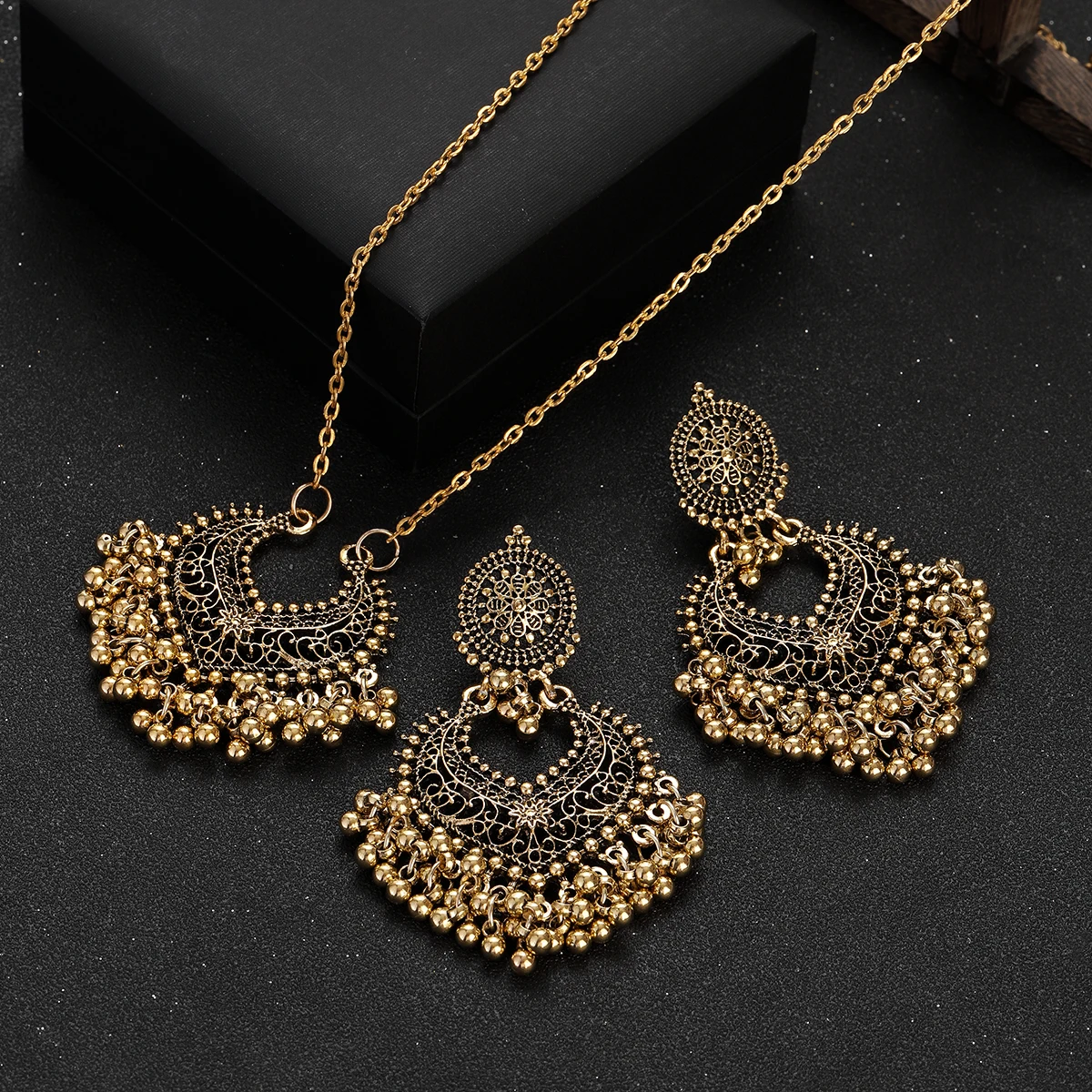 Indian Jewelry Set for Women Bijoux Retro Gold Plated Round Beads Tassel Earring Necklace Sets Ethnic Vintage Wedding Jewelry