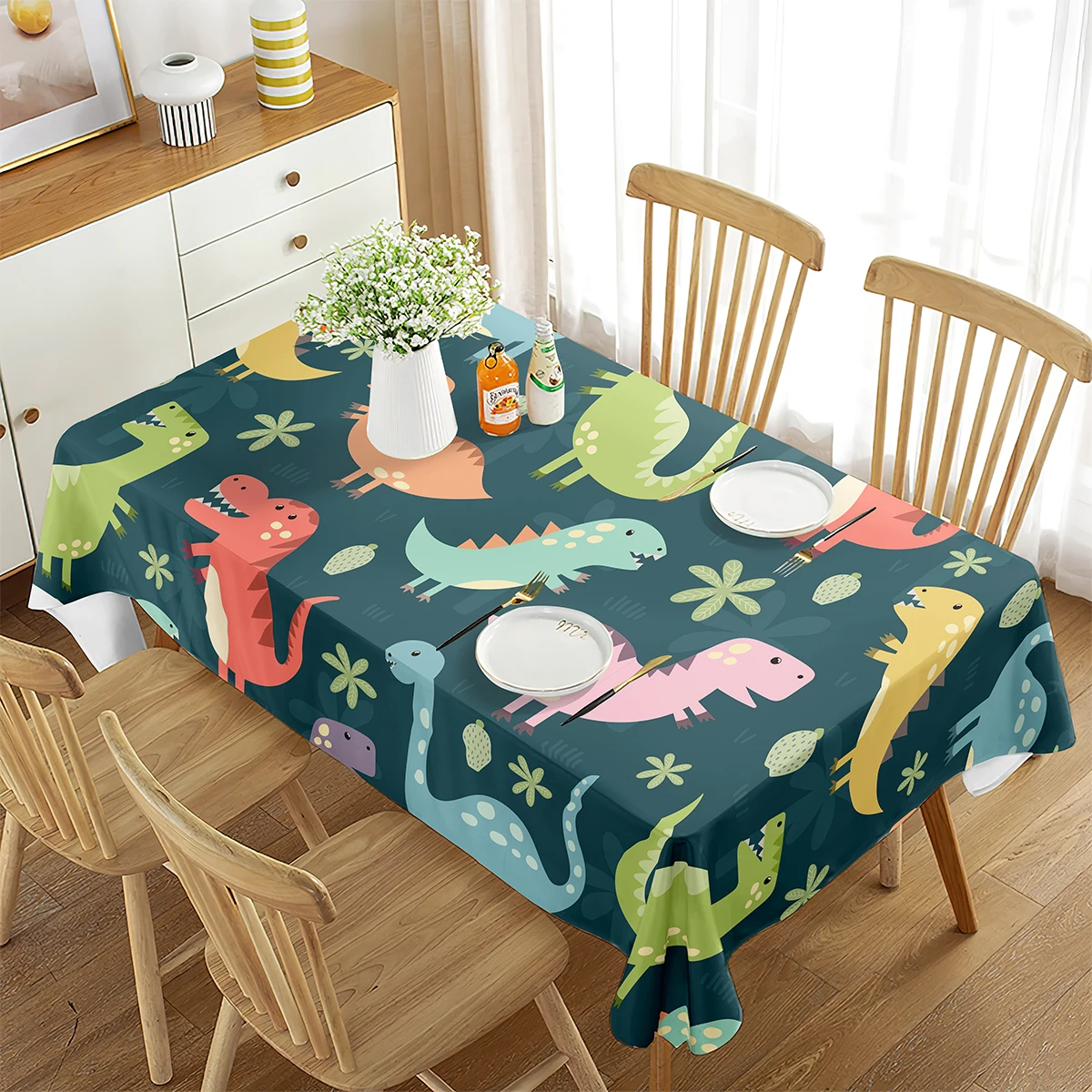 

Cartoon Dinosaur Pattern Tablecloth Cute Wild Animals Rectangular Table Cover for Party Living Room Dining Room Decoration