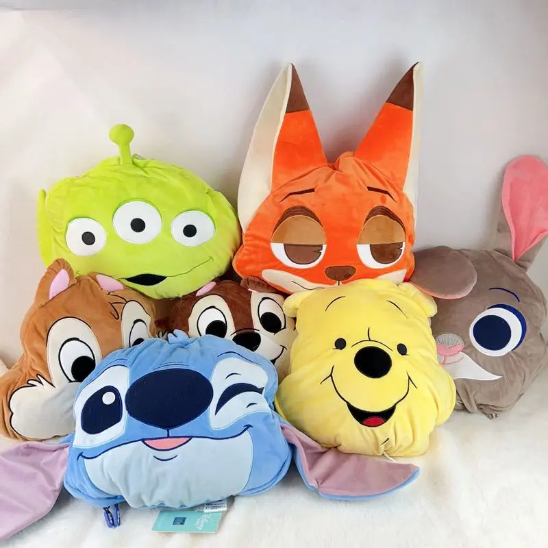 Hot Disney Stitch Plush Pillow Zootopia Dual Use Soft Stuffed Kids Cushion Blanket Nick Air Conditioning Cushion Coral Fleece