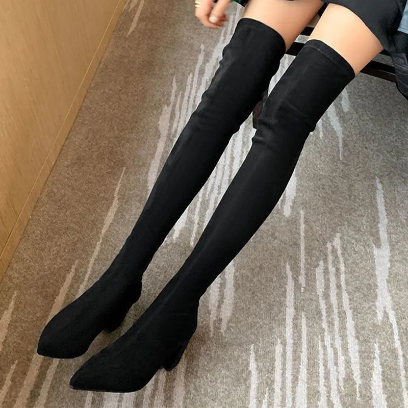 

Suede Chunky Heeled Over The Knee Boots, Women's Solid Color Zip Back Long Boots