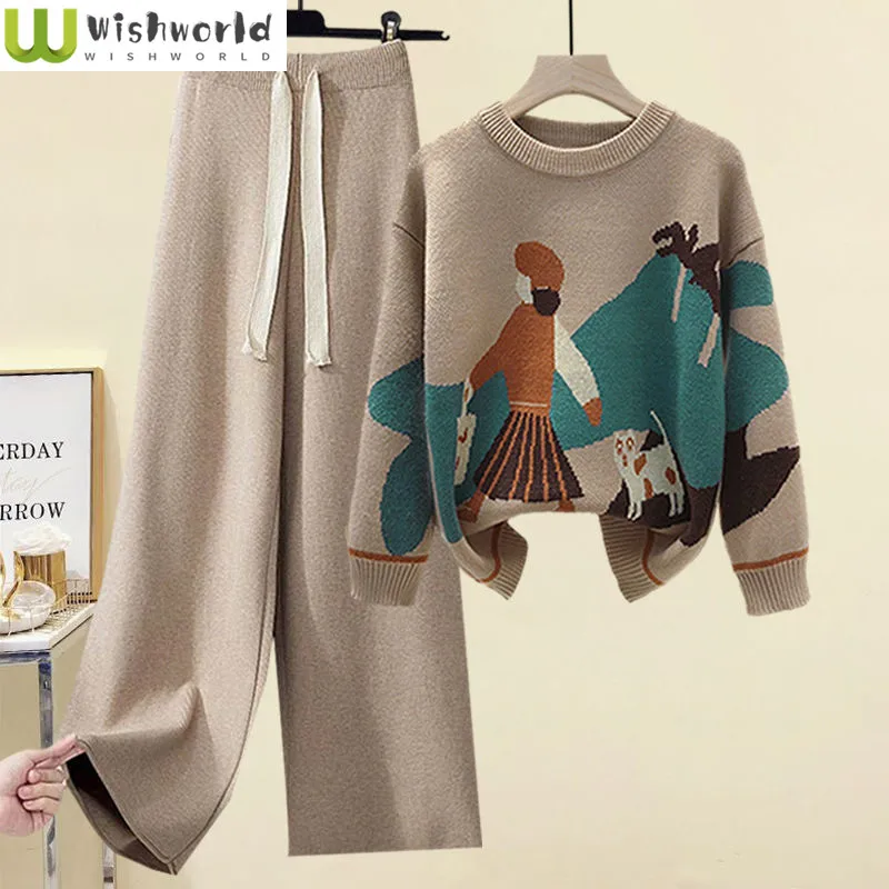 Korean Cartoon Comics Knitted Sweater Pullover Lace Up Knitted Pants Two Piece Set Elegant Women's Pants Set Winter Outfits