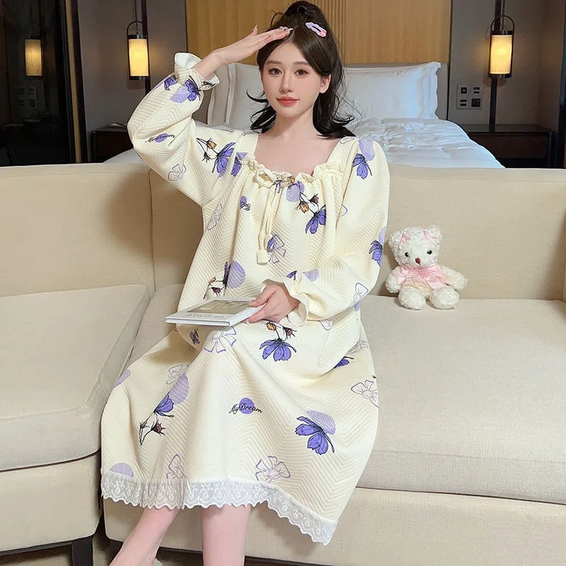 2024 New Plus Size Sleepwear 100kg Pajama Dress Women Long Sleeved Cartoon Mid Length Sleepshirts Ruffled Lace Loose Loungewear