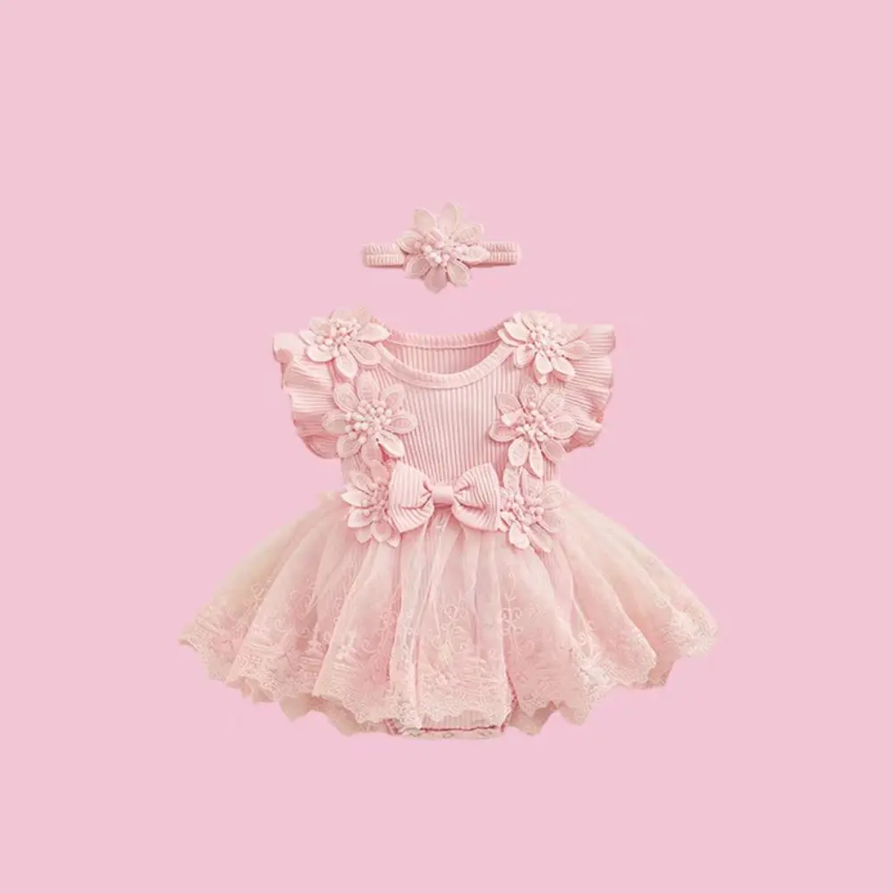 Cotton Baby Girl Princess Dress Bowknot Lace Mesh Baby Girl Bubble Dress Short Sleeve Sweet Infant Dress with Headband Summer