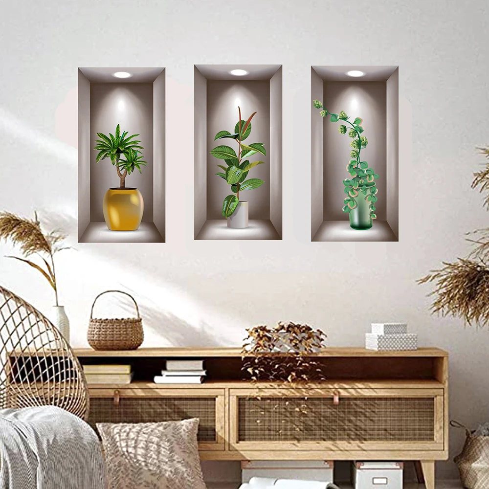 

Wall Art Stickers Simulate 3D Three-dimensional Potted Green Plants Flowers Home Decorations Pegatinas De Pared Anime Wallpapers