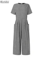 ZANZEA Short Sleeve Checked Wide Leg Overalls Pleated Waist O Neck Loose Casual Gingham Jumpsuits 2024 Fashion Women Long Romper - Image 5