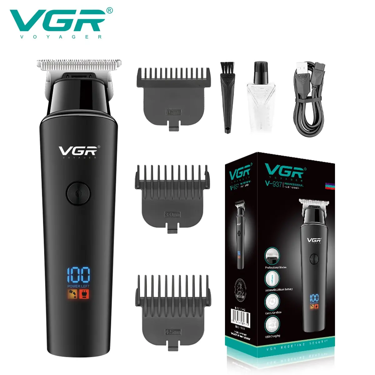 VGR Hair Trimmer Professional Electric Trimmers Cordless Rechargeable LED Display V-937