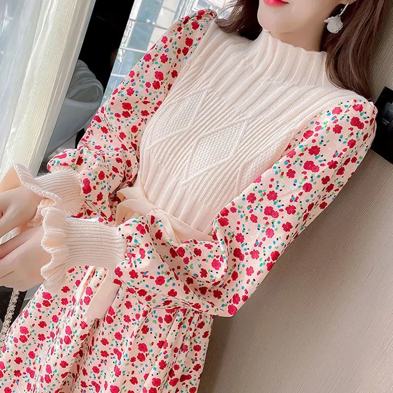 

2024 Autumn Elegant Half High Collar Long Sleeve Knitted Patchwork Corduroy Print Dress Women A-line Bandage Midi Dresses Vestid