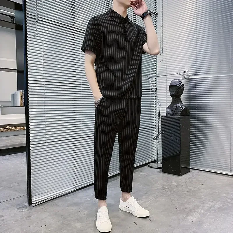 Summer Stripe Linen Men's Set Turndown Collar Short Sleeve T-Shirt Elastic Waist Ankle Length Casual Pants Two Piece Suit