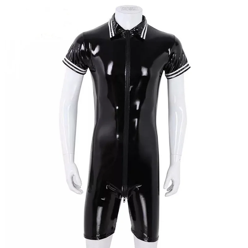 

S-7XL Plus Size Mens Sexy Open Crotch Leather Bodysuit Erotic Below For Sex Sheath Latex Bodycon Crotchless Glossy Leather Shirt
