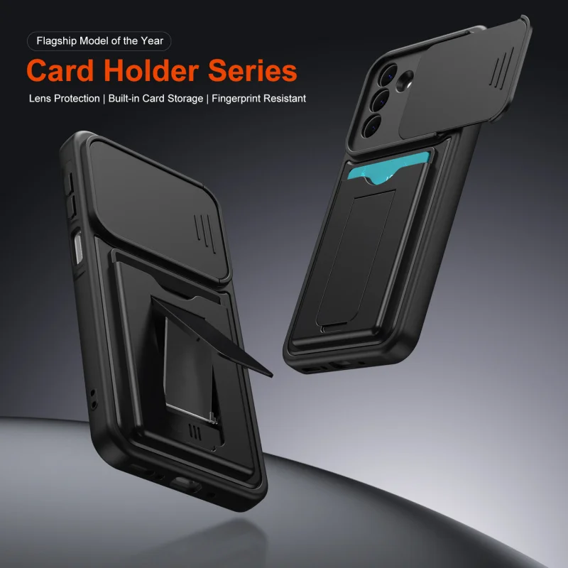 Mech Sliding Lens Card Holder Phone Case with Anti-Fall Protection