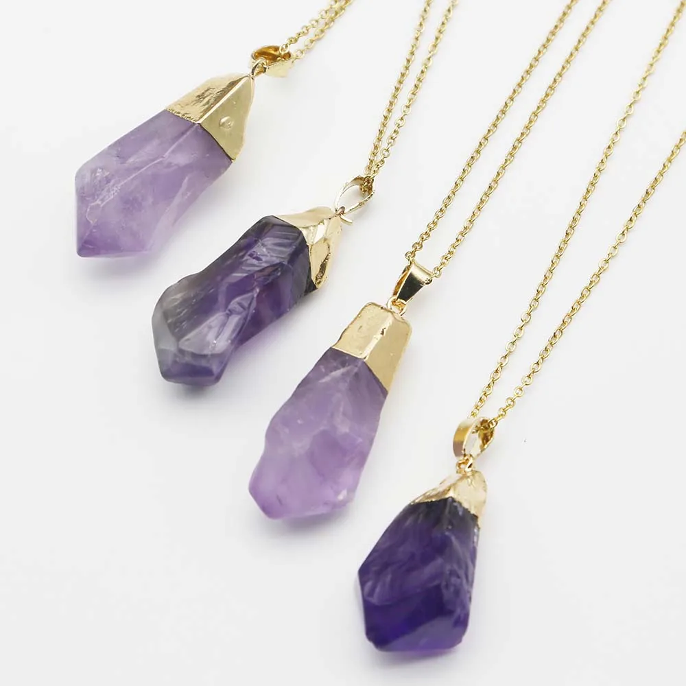 New Natural Stone Amethyst Stainless Steel Chain Necklace Irregular Purple Crystal Gold Plated Head Pendant Fashion Jewelry 6Pcs