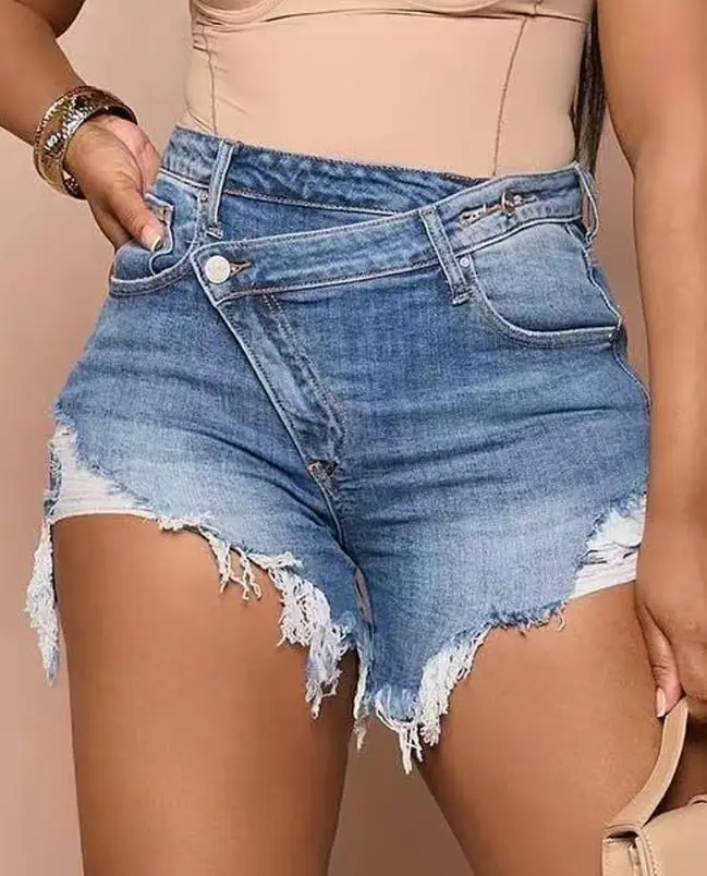 

Women's Summer Pants Are Fashionable, Simple, and Casual with A Tight Fitting Ribbed Slit Pocket Design. They Are Denim Shorts