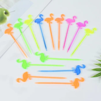 귀여운 플라밍고 과일 포크 플라스틱 컵케이크 디저트 샐러드 스틱, 칵테일 이쑤시개, 하와이 해변 파티 용품, 50 개, 100 개