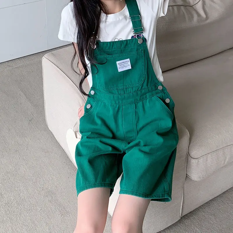Women's Jean Jumpsuit Green Summer Fashion Suspender Shorts Girls Wide Legs Overalls Vintage Rompers  Plus Size Clothing