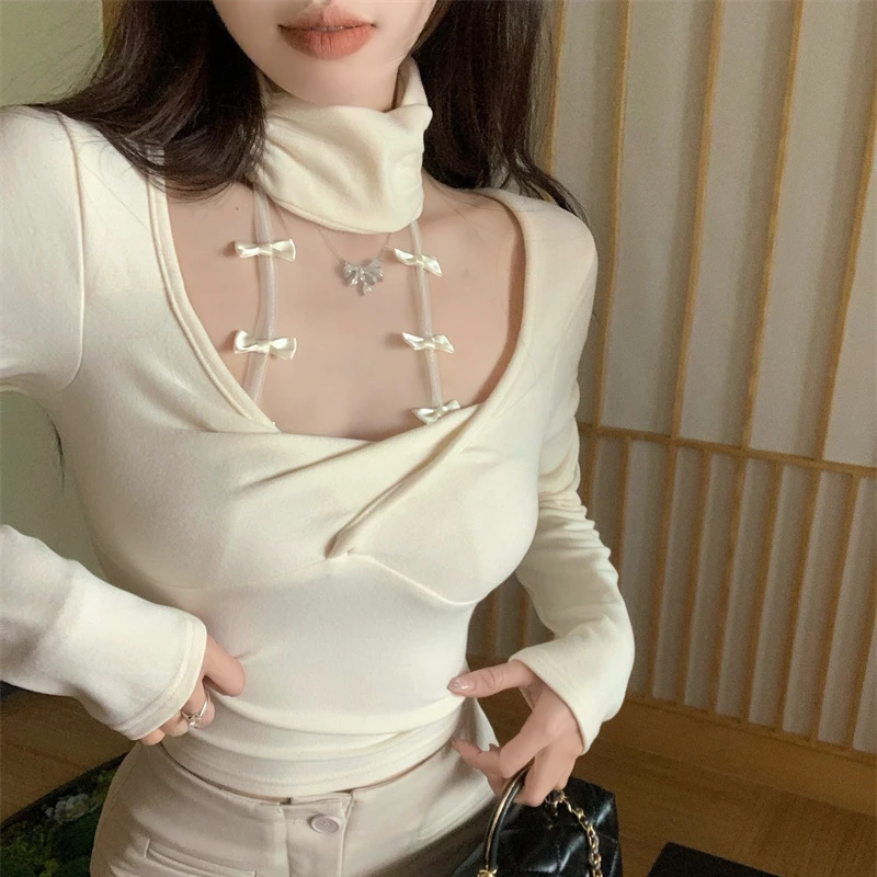 

Женская Сетчатая футболка с длинным рукавом, черная Винтажная футболка с бантом и лямкой на шее, весна 2024