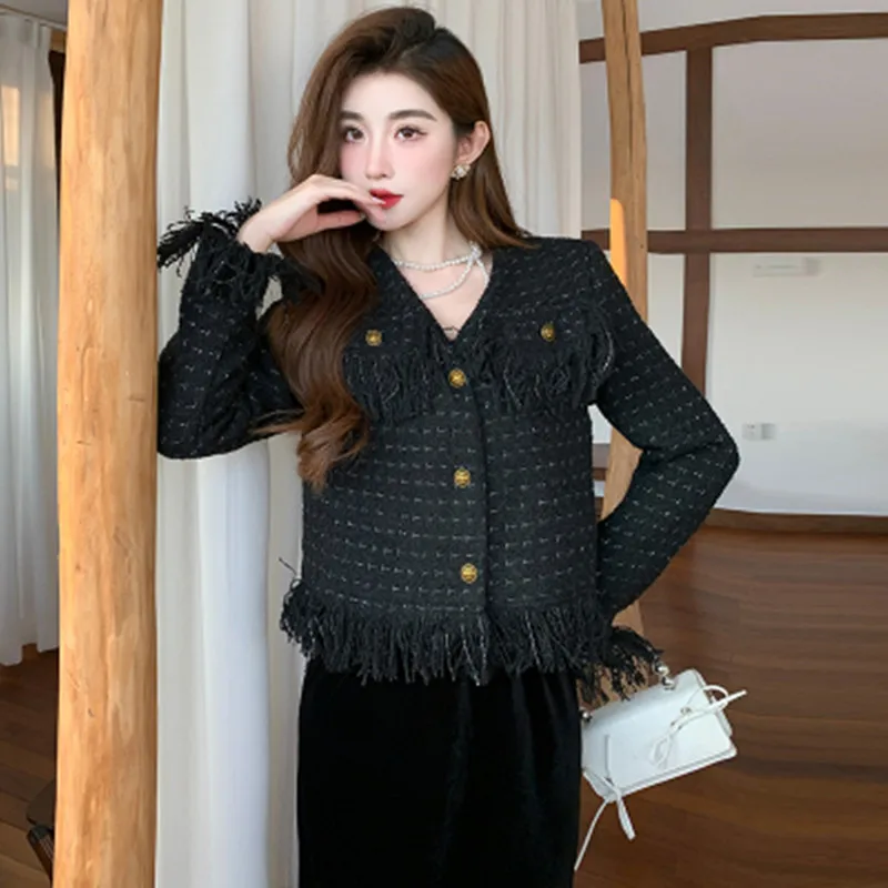 

Autumn Winter New High Quality Tweed Fringe Small Fragrance Jacket Coat Women Fashion Casual Woolen Coat Outerwear