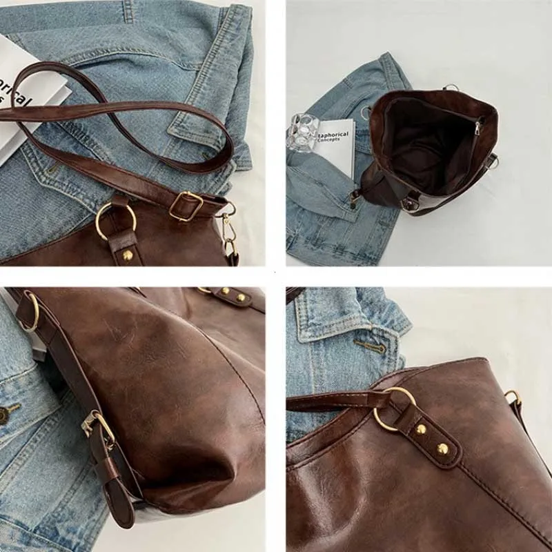Pu Leather Vintage Women's Tote Handbags Solid Color Simple Ladies Shoulder Bags Large Capacity College Female Crossbody Bag