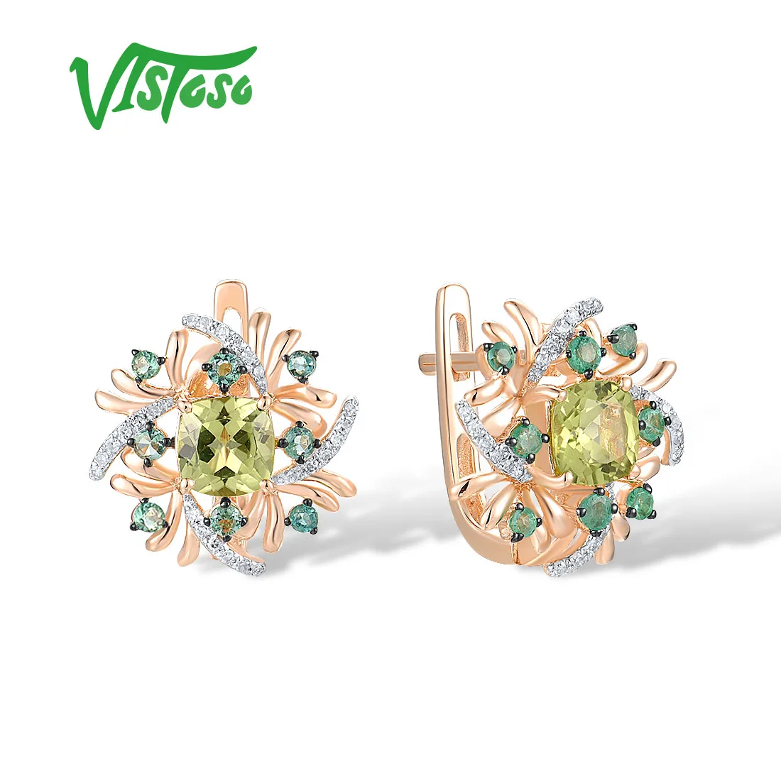 VISTOSO Authentic 14K 585 Rose Gold Earrings For Women Sparkling Genuine Diamond Emerald Peridot Shiny Fine Elegant Jewelry