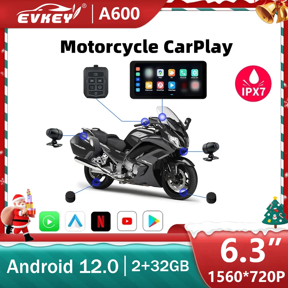 

EVKEY 6.3” Android 12.0 Portable Motorcycle LCD Display 2+32GB Wireless CarPlay Android Auto 1080P Front Rear Cam GPS IPX7