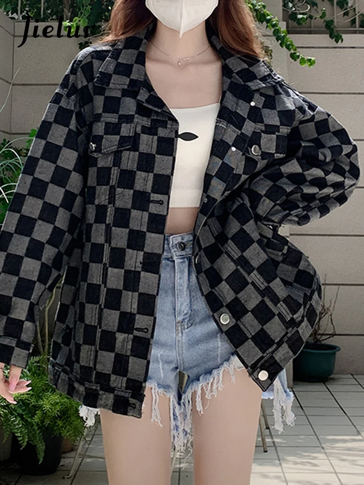 

Jielur Autumn Black Denim Coat Women Korean New Chessboard Checker Casual Loose Retro Blue Jacket Top Woman High Street Chic