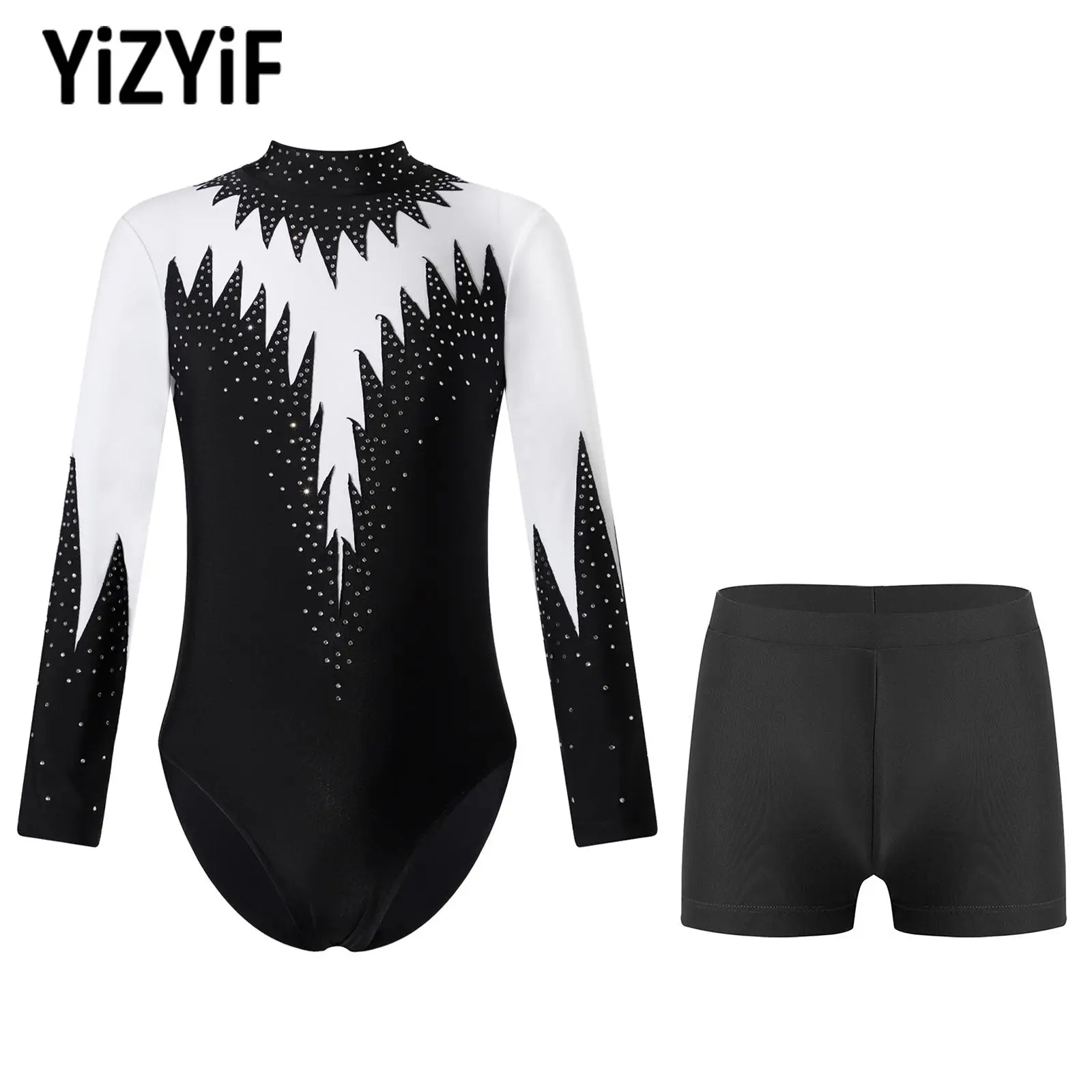 

Kids Girls Ballet Dancewear Leotards Long Sleeve Shiny Rhinestone Decorated Contrast Color Gymnastics Dance Leotards with Shorts