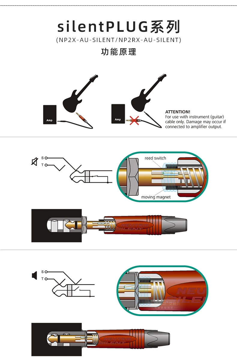 Neutrik NPR2X NP2X-AU-SILENT 6,5 mm Winkel 1/4 Zoll professioneller Instrumentengitarrenstopfen vergoldete Kontakte – Detail 8