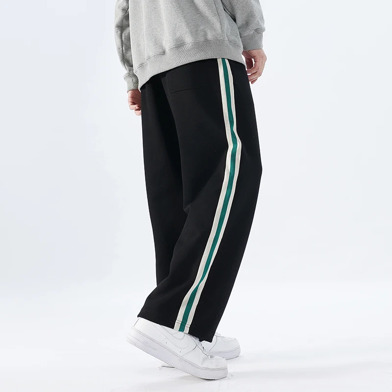 Men's Spring Autumn Drawstring Striped Pocket Solid Elastic and High Waisted Casual Loose Sports Straight Leg Trousers Pants