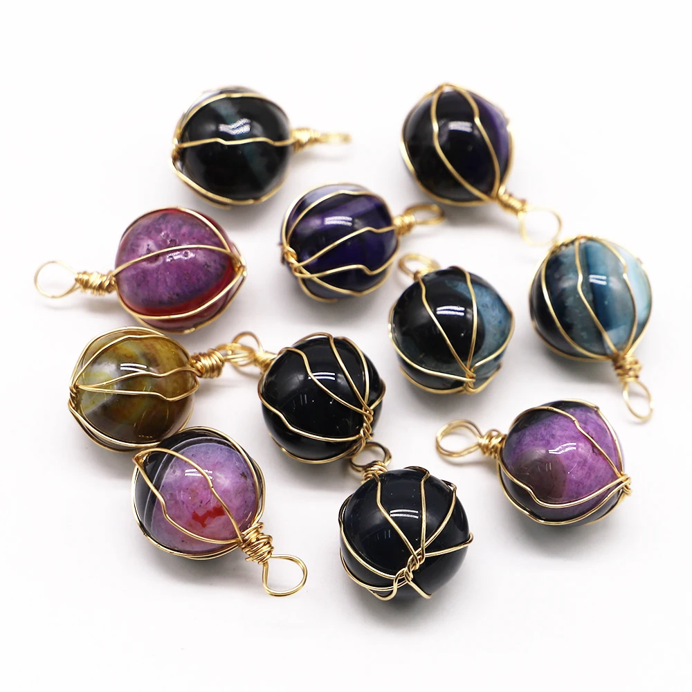 New Natural Agates Stones Pendants Round Bead Shape Onyx Copper Wire DIY Jewelry Bracelets Necklace Making Accessories Wholesale