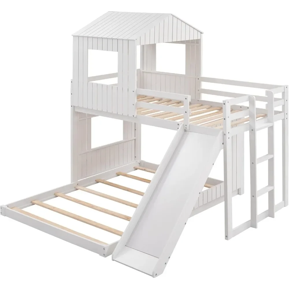 Floor Bunk Beds with Slide, Wooden Twin Over Full Bunk Beds with Slide, Roof and Guard Rail for Kids, Teens, No Box Spring Neede 6