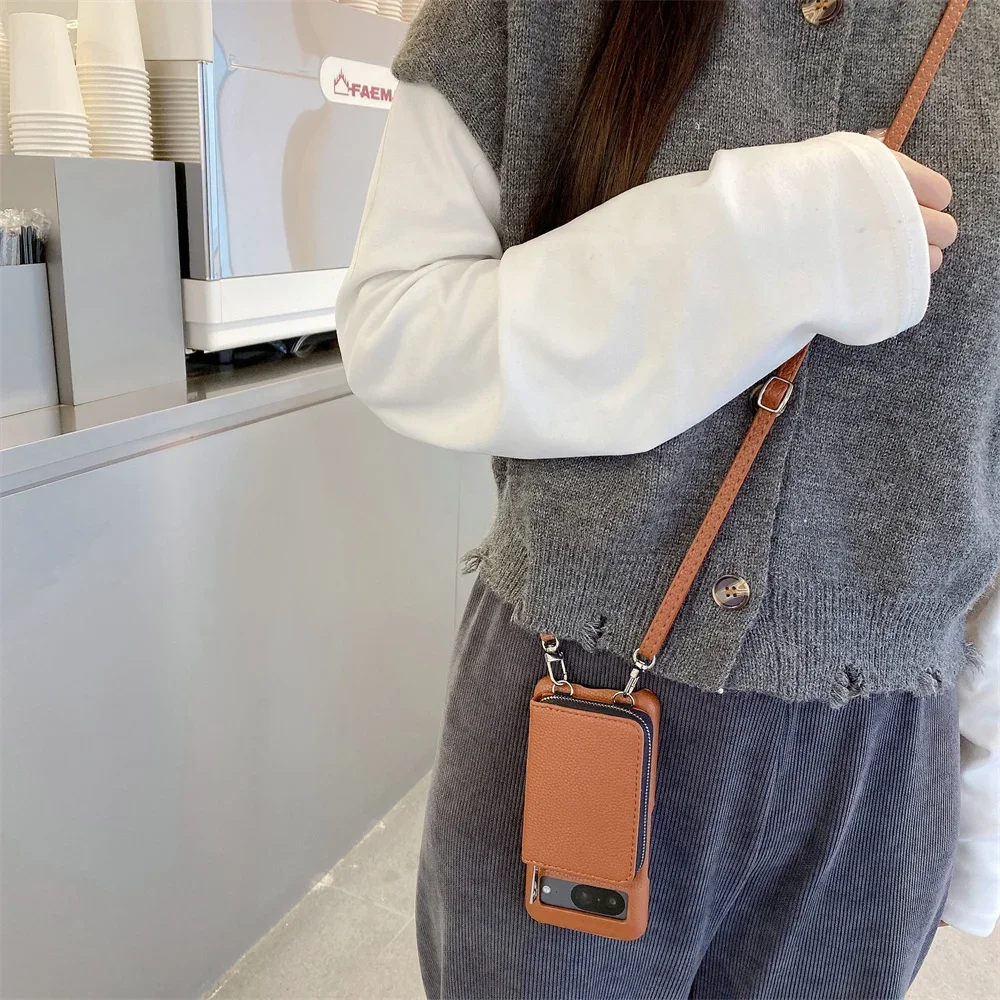 Leather Litchi Wallet Phone Case with Shoulder Strap and Card Holder Stand