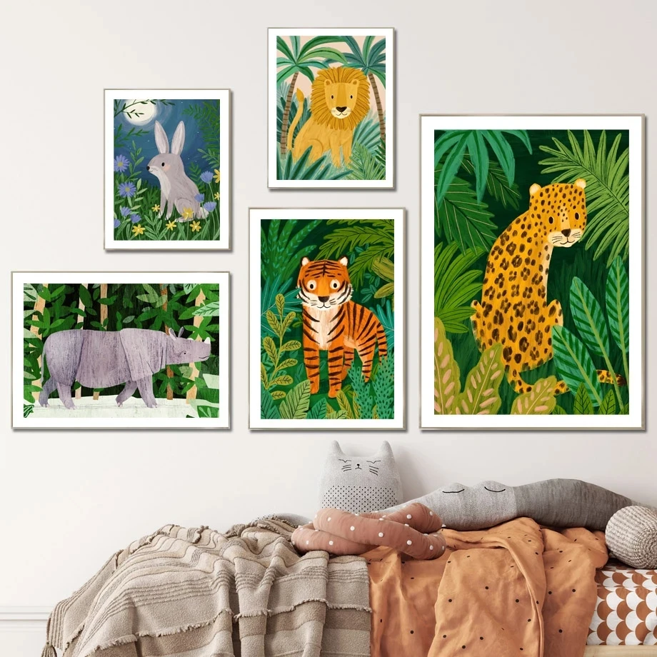 

Rhino Rabbit Leopard Lion Tiger Woodland Cartoon Animals Art Canvas Painting Nordic Posters Prints Wall Pictures Kids Room Decor