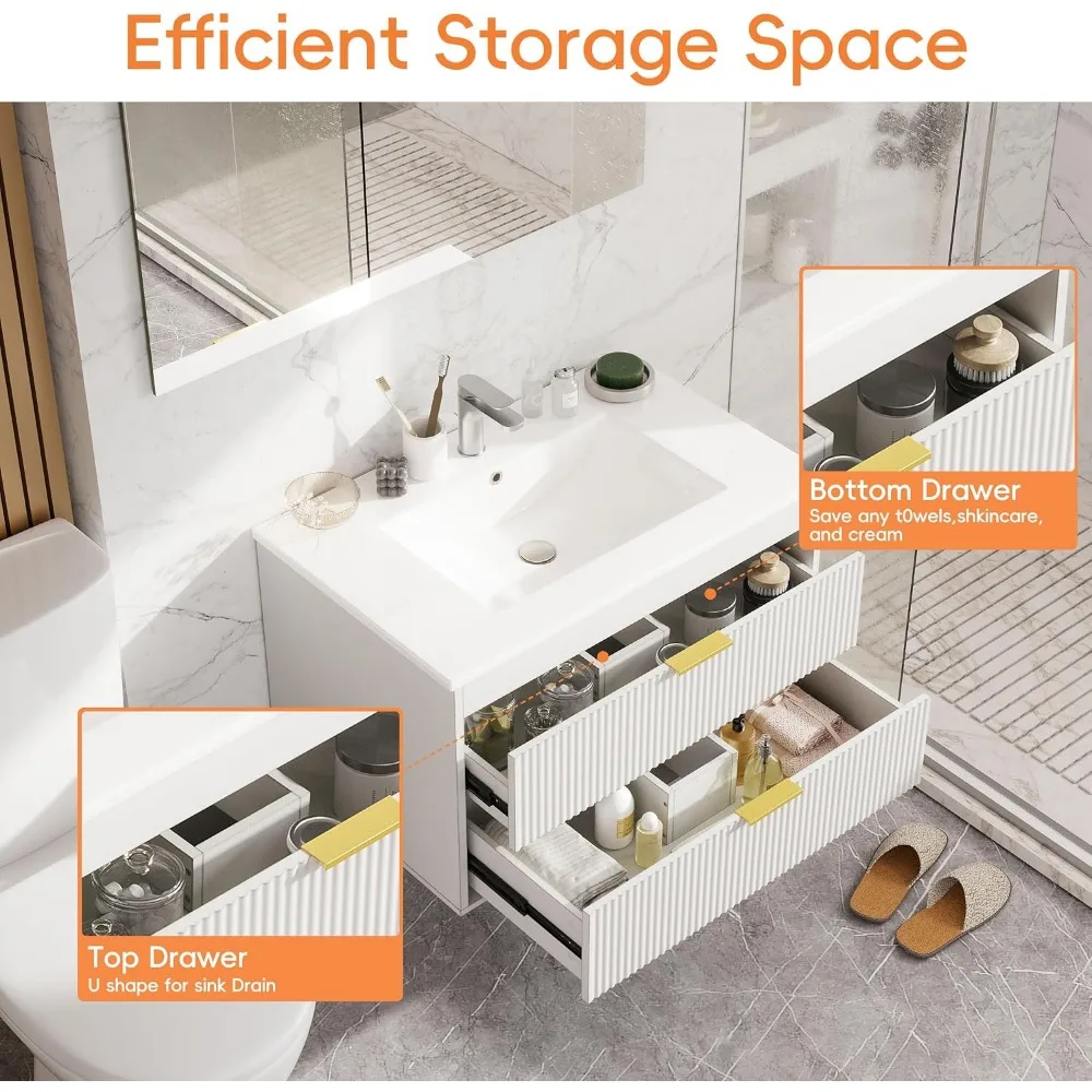 30'' Floating Bathroom Vanities with Sink, Wall Mounted Bathroom Floating Vanity with Ceramic Sink,2 Drawers, Soft-Close Doors 3