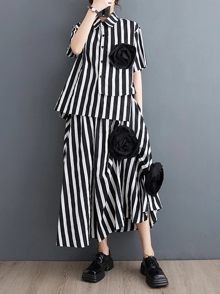 Summer Stripe Floral Casual 2 Two Piece Set Oversized Short Sleeve Loose Blouse Women Shirt Top Fashion Clothing Skirt Suit 2025