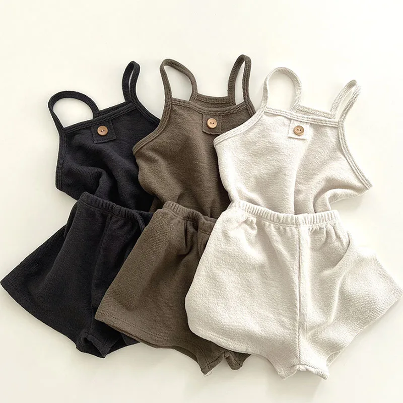 

Baby Clothes Sets Summer New Toddler Girl Strap Suits Cotton Solid Baby Boy Tops Tee and Shorts Infant Tracksuit Newborn Sets