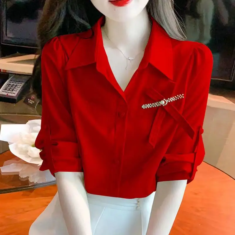 여성용 폴로 칼라 시크 활 셔츠, 다목적 비즈 긴팔 가디건, 단추 루즈 탑, 용수철 2023, 신상 패션