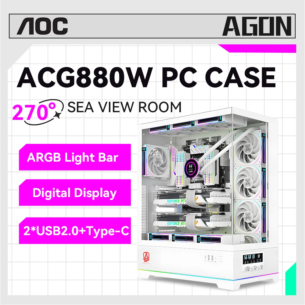 AOC ACG880W EATX Gaming PC Case Desktop 270 &deg; Digital Display Sea View Room Support Dual Graphics Card 480 Water Cooling