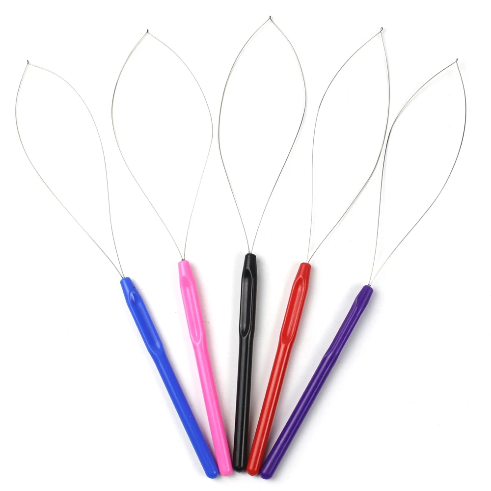 Hair Extensions Tool 1Pcs Random Color Hair Extensions Loop Needle Pulling Hook Tool Needle Threader Loop Tool for Silicone Microlink Beads