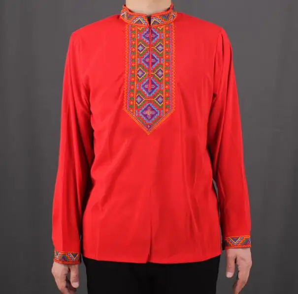 Chinese Xinjiang Uyghur Men T shirt Spring Tops Long sleeve Embroidery Ethnic Tradition