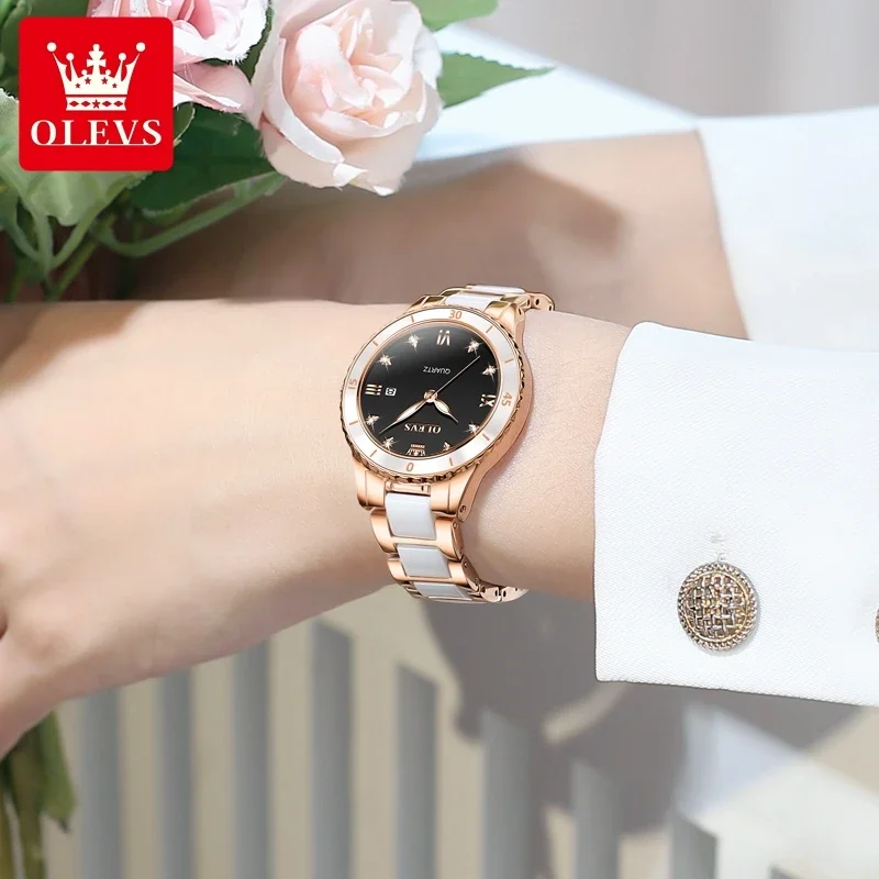 OLEVS Watches for Women Waterproof Ceramic Strap Women's Watch Luxury Diamond Inlay Luminous Dial Calendar Original Quartz Watch 3