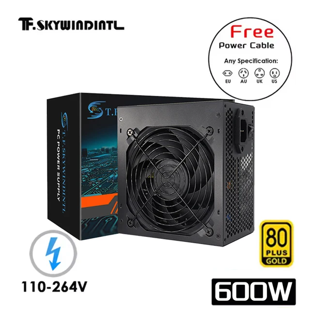 แหล่งจ่ายไฟคอมพิวเตอร์แบบไม่แยกส่วน TFDP 600W 80 Plus Gold ATX สำหรับคอมพิวเตอร์เล่นเกม พีซี PSU 600W พัดลมเงียบสีดำขนาด 12 ซม. 1