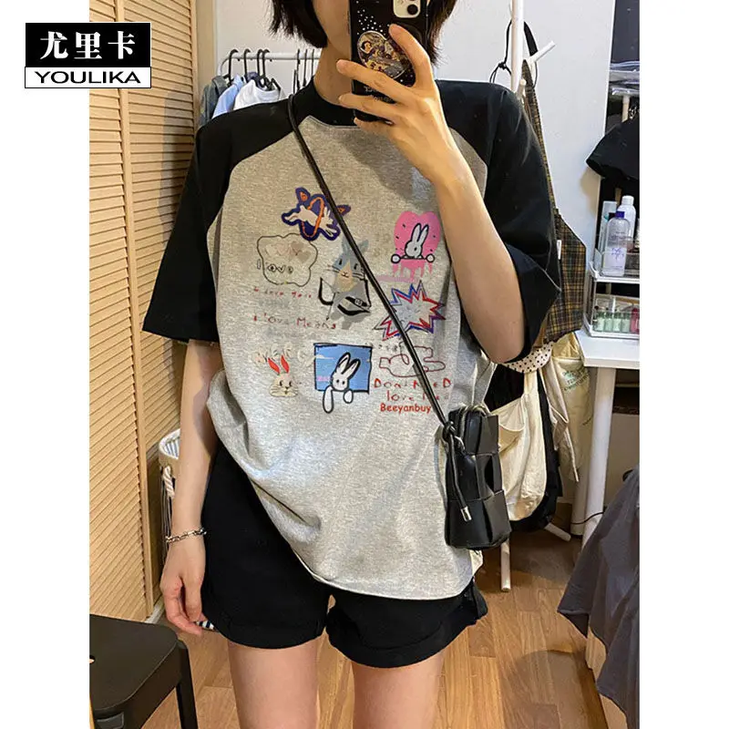 

Eureka Raglan Short Sleeve T-shirt Women's New Summer American Vintage Cotton Loose Korean Chic Chic Top crop top