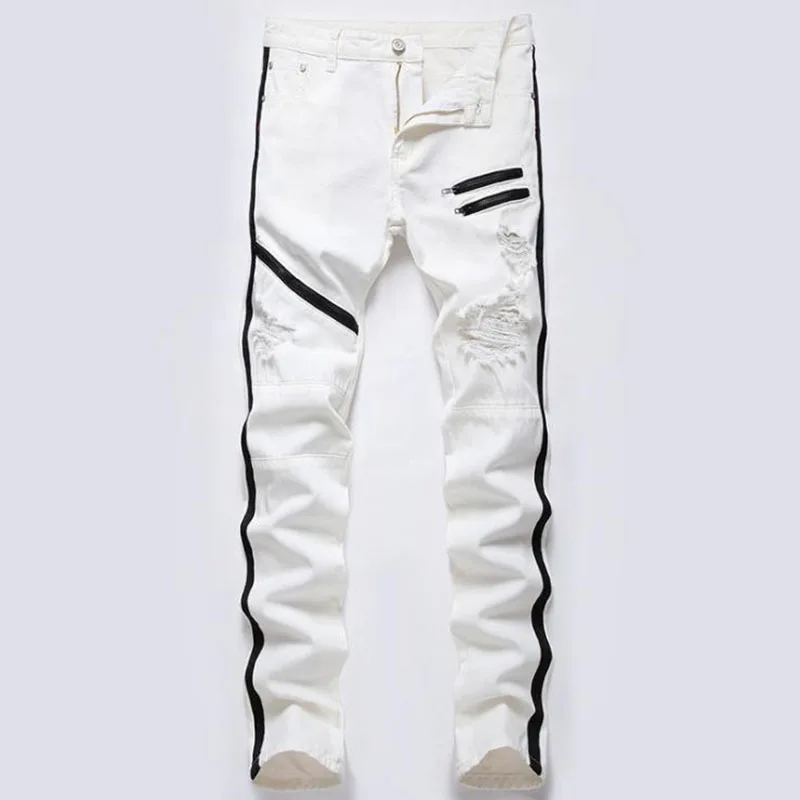 2022 High Street Mens Straight Hole Ripped Jeans Distressed Denim Pants Men Fashion Hip Hop Zipper Designer Cotton Jeans 4