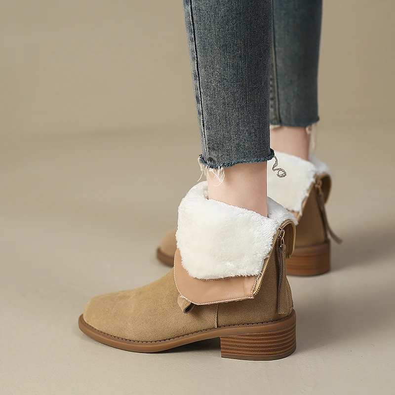 

2022 new European winter boots natural leather warm snow boots 22-24.5cm Fur one upper cowhide suede+wool back zip Western boots