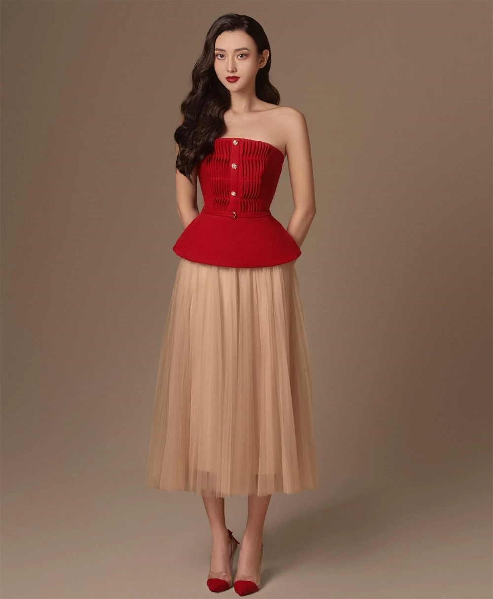 

Yipeisha Simple Modern Style Formal Evening Strapless A-line Button Draped Satin Bespoke Occasion Dresses